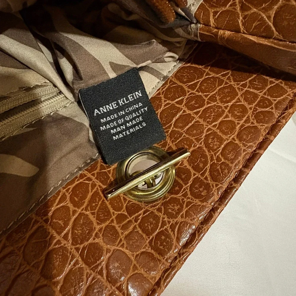 Anne Klein Cognac Brown Croc Embossed Tote‎ Bag Gold Chain Zebra Print Lining